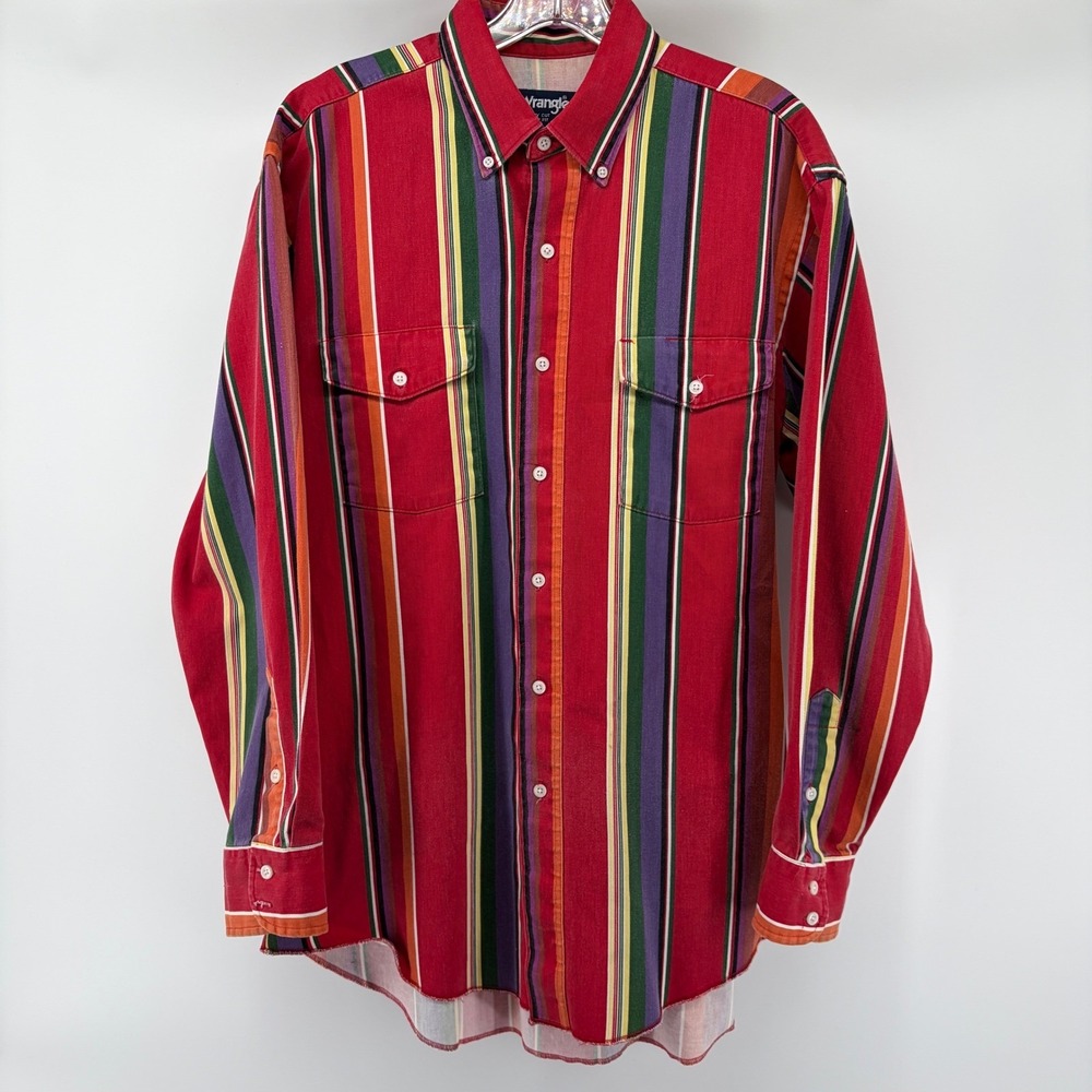 90s Wrangler Brushpopper Western Shirt Mens 15-33 XL Tail Cowboy Red Striped USA